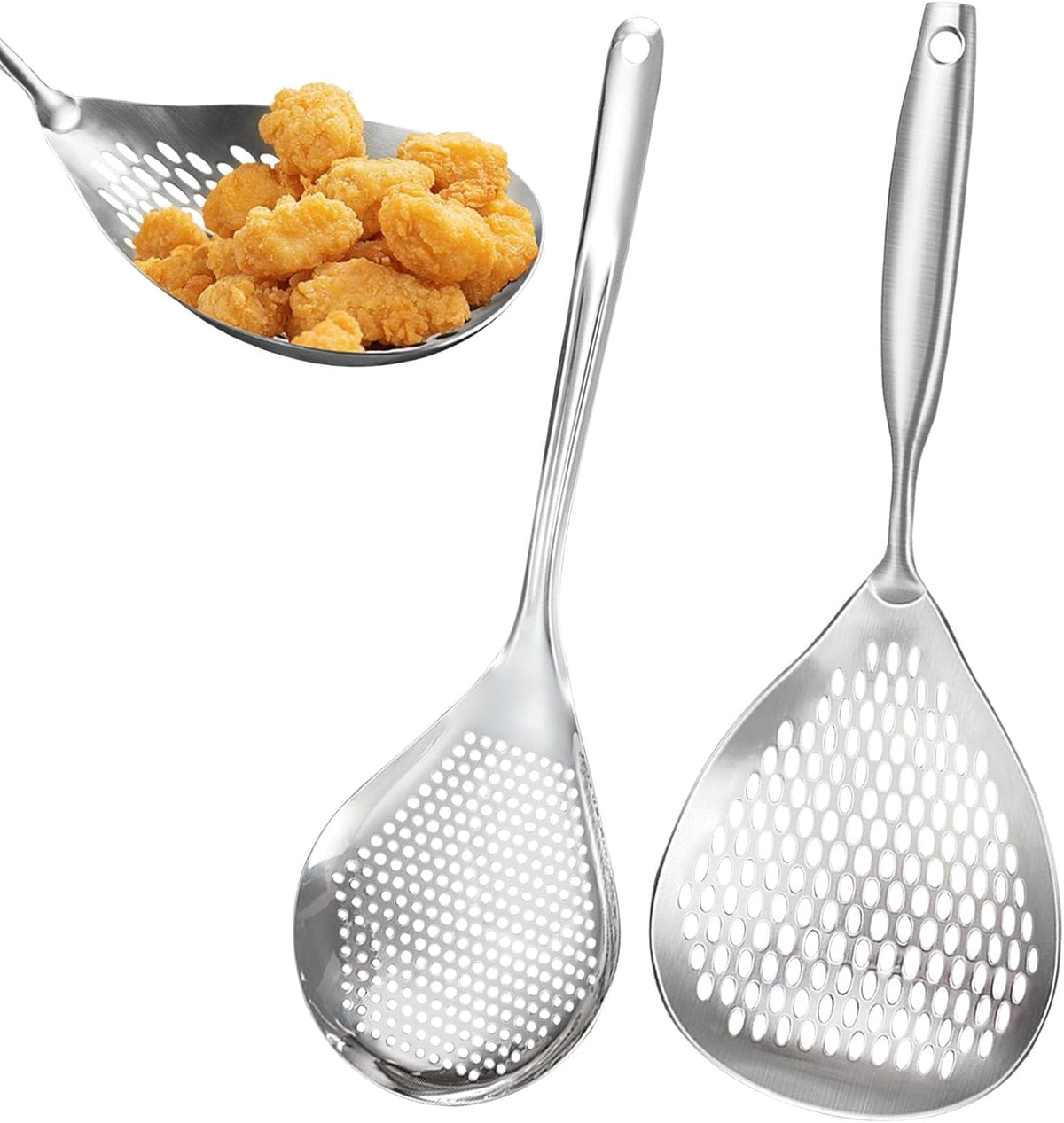 KAYCROWN Skimmer Slotted Spoon, 2 Pack Stainless Steel Pasta Spider Strainer Ladle for Frying and Cooking, Frying Strainer Spoon, Kitchen Cooking Skimmer Colander