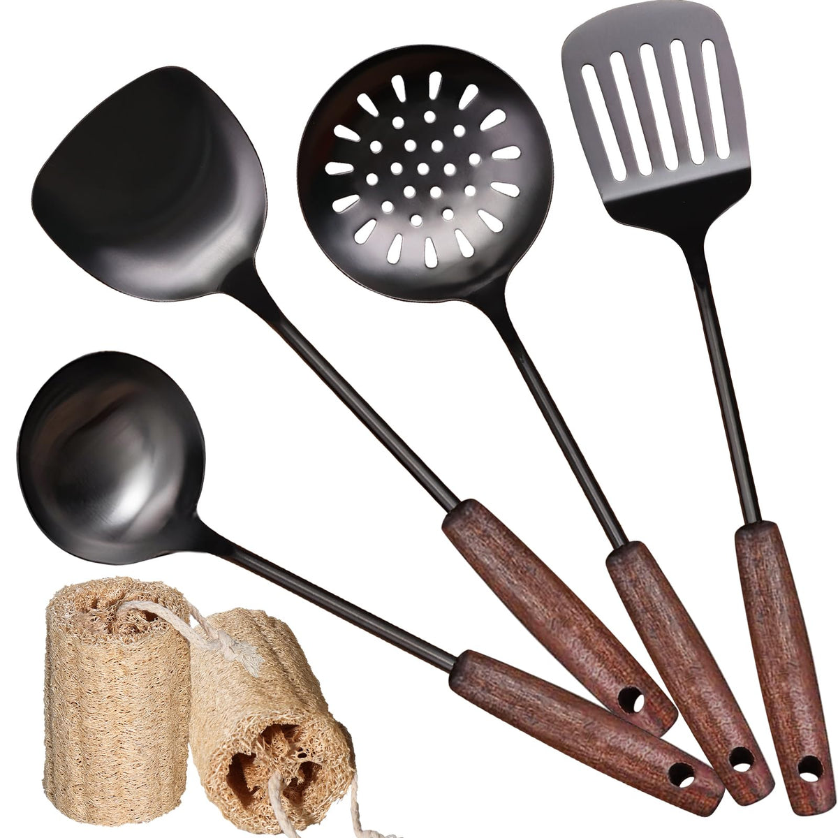 MARTE 15" Wok Spatula Turner and Ladle,Skimmer Spoon Tool Set - 18/10 Stainless Steel Vintage Cooking Utensils Set - Set of 4 High Grade Titanium Plating Kitchen Wok Utensils with Solid Wooden Handle