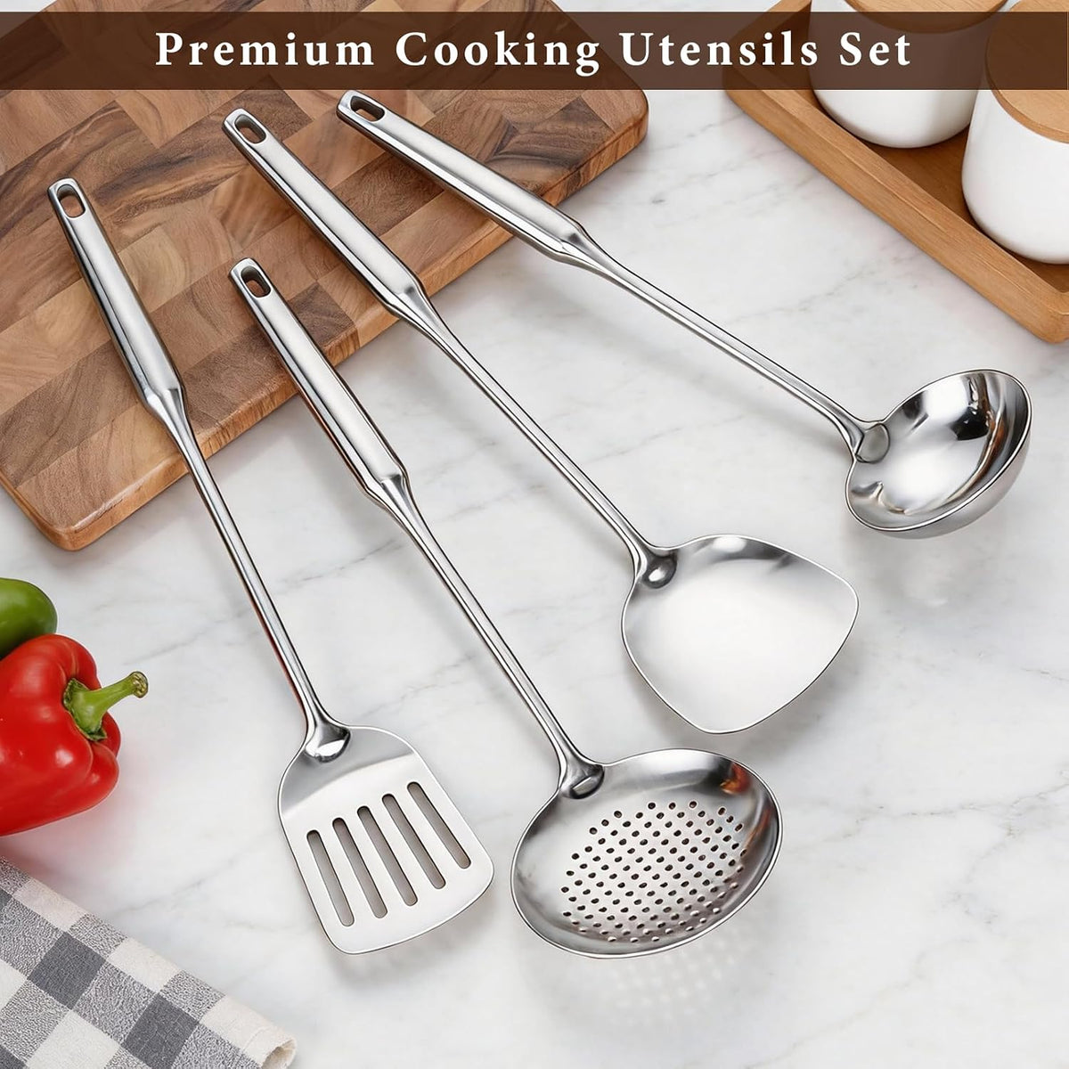 Wok Spatula Set, Stainless Steel Turner & 4-Piece Cooking Utensils, Metal Kitchen Utensil Set Include Solid Slotted Turner, Serving Spoon, Ergonomic Handle, Easy Clean