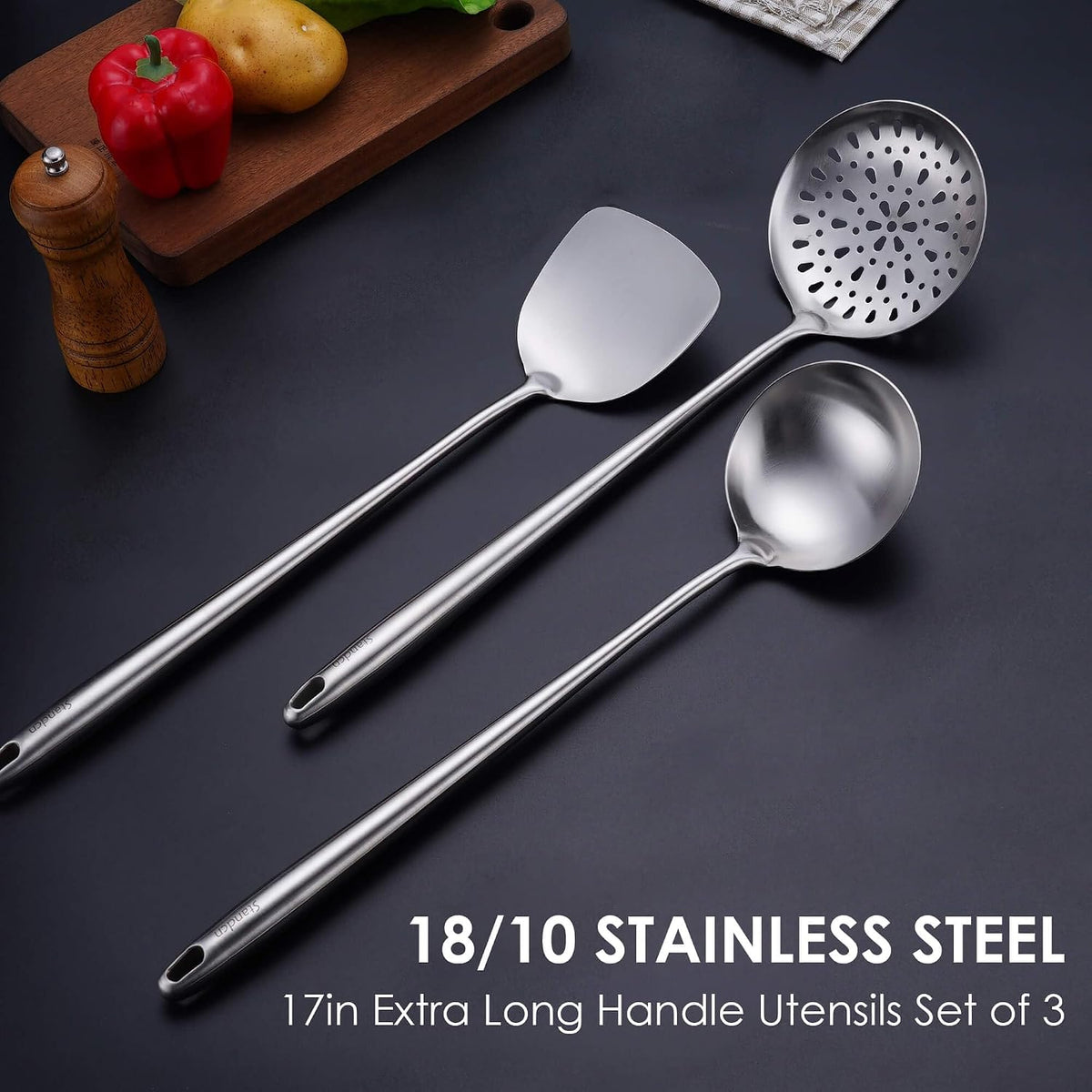 17″ Wok Spatula and Ladle, Skimmer Spoon - 304 Stainless Steel Wok Tool Set