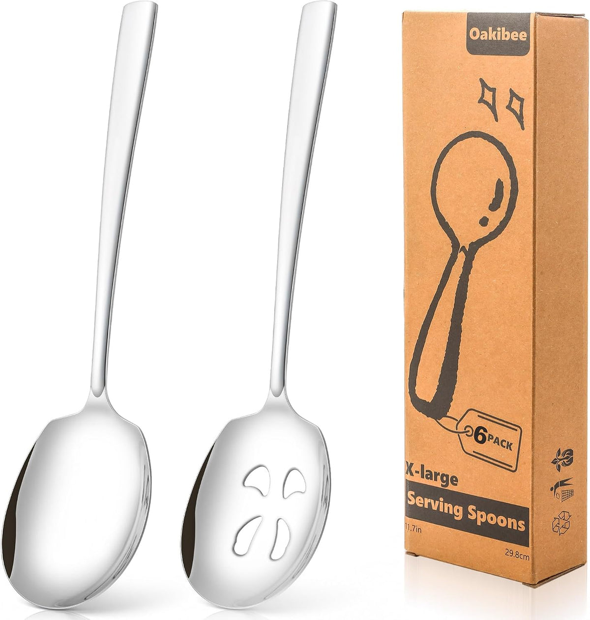 Extra Large Serving Spoons Set of 6-Piece, 11.7-Inch Serving Slotted Spoon x 3 Serving Spoon x 3, 18/8 Stainless Steel Serving Utensil for Buffet, Parties, Catering - Dishwasher Safe(6-Pack, Silver)