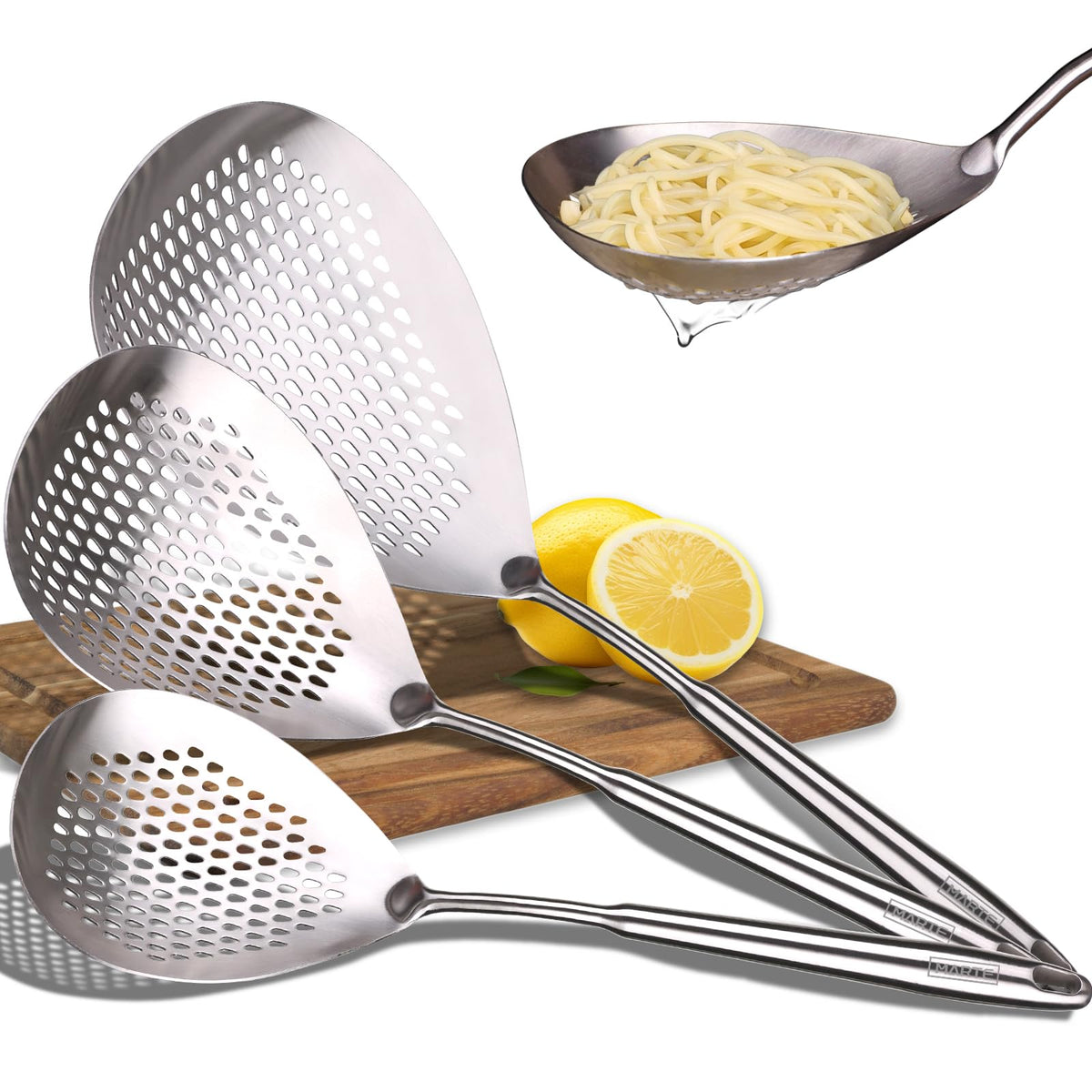 Skimmer Slotted Spoon -16.5" 304 Stainless Steel Pasta Spider Strainer Skimmer Ladle Spoon for Cooking and Frying - Kitchen Metal Scoop Colander Strainer Spoon with Heat Resistant Handle