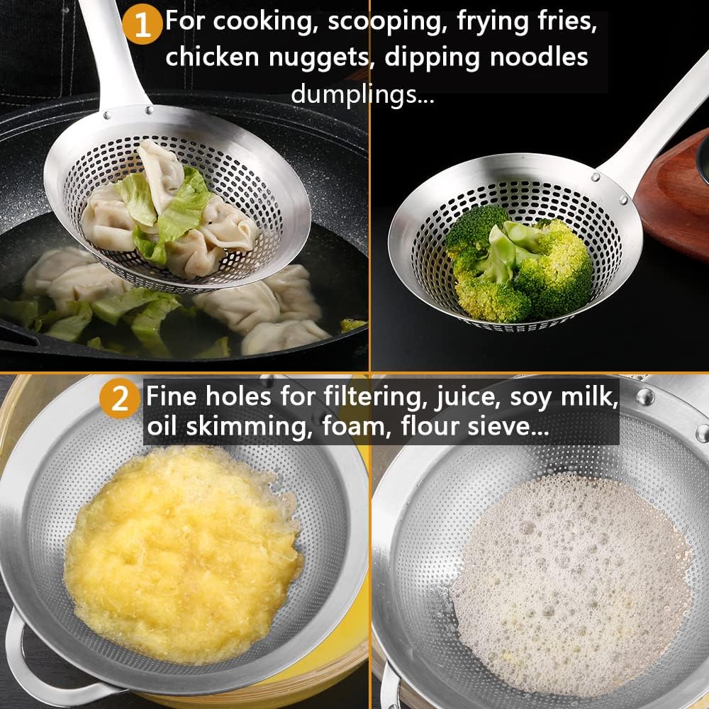 Fine Mesh Stainless Steel Metal With HoleSieve Food Strainer Grease Spider Skimmer And With Handle Large Holes Slotted Colander Frying Spoon Set,Handheld For Kitchen Cooking And Filter Food Residues