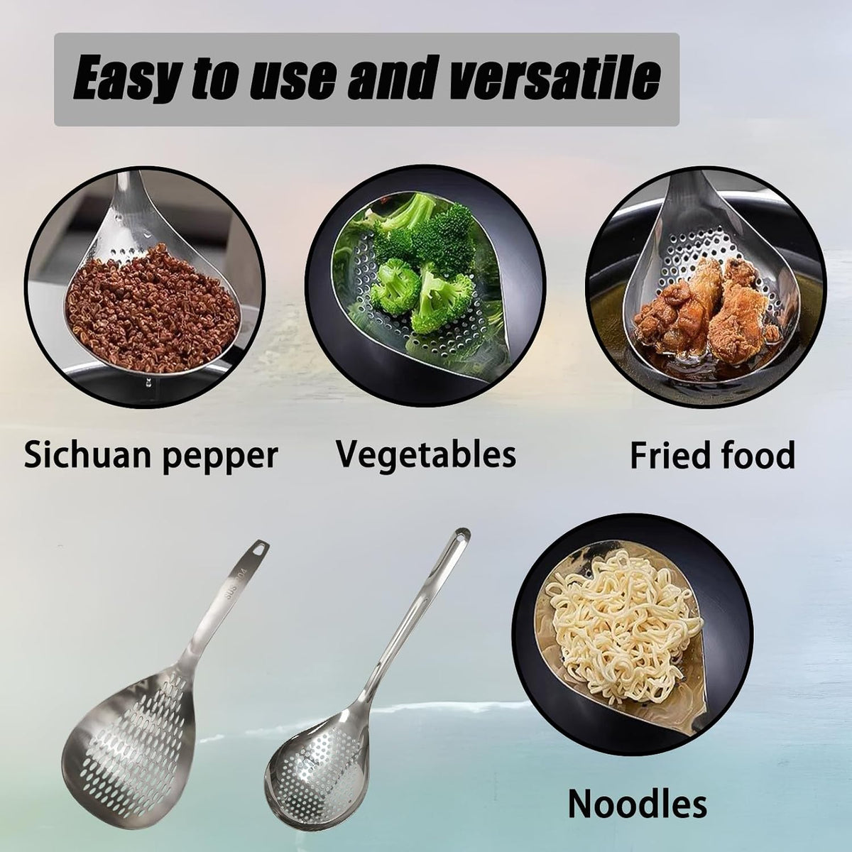 2Pcs 2 Sizes Silver Stainless Steel Slotted Spoon & Spider Strainer