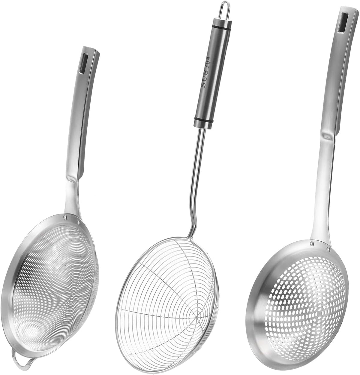 3 Pieces Spider Strainer Skimmer Ladle, Stainless Steel Fine Mesh Fat Skimmer Spoon, Large Hole Slotted Colander, Kitchen Wire Strainer for Straining Pasta/Skimming Grease/Cooking/Frying