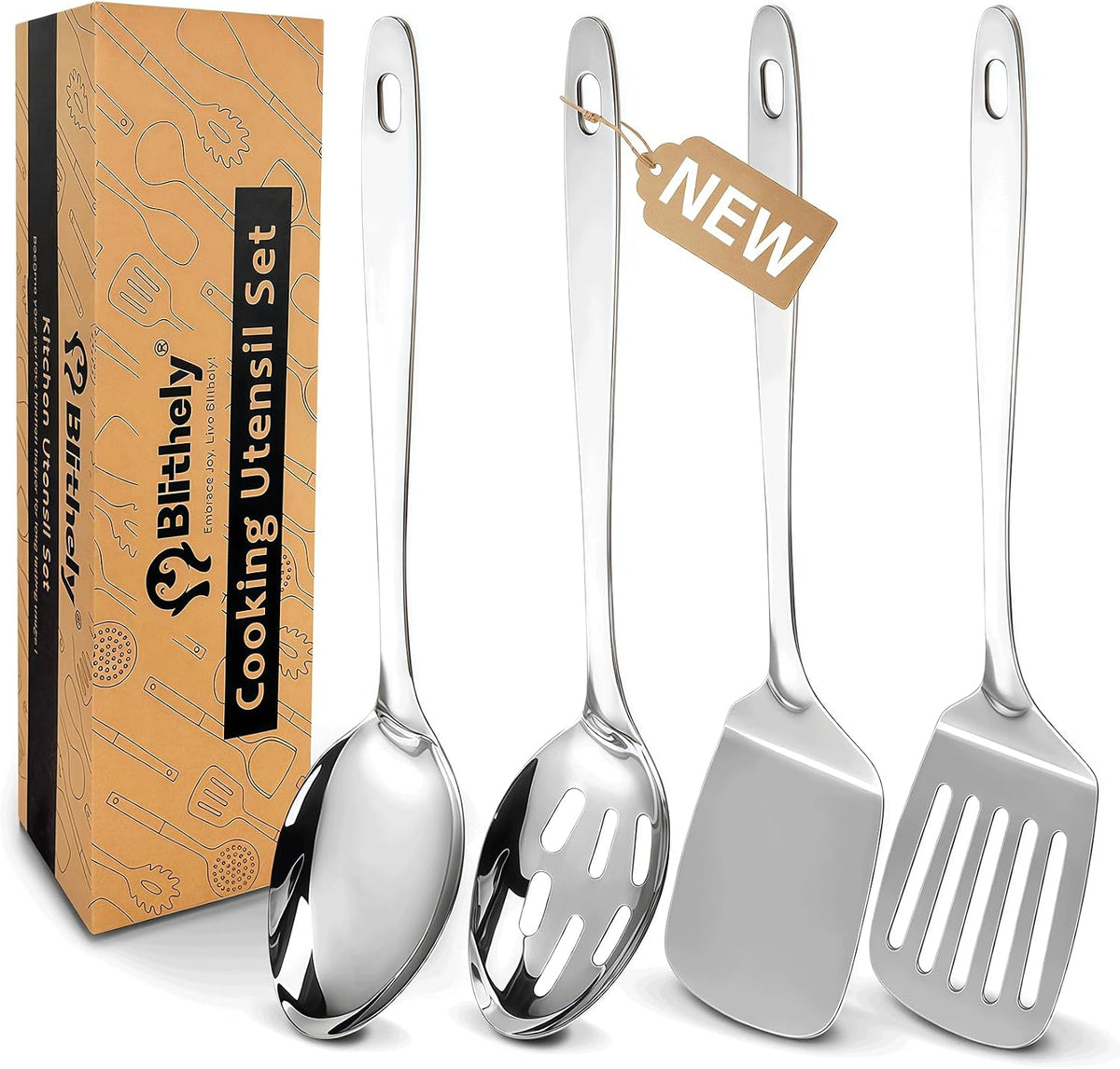 Stainless Steel Spatula Spoon Set, 4PCS Large Cooking Utensils Set with Thickened Edge, Heat Resistant Cooking Spatula Set, Metal Solid and Slotted Turners, Serving Spoon