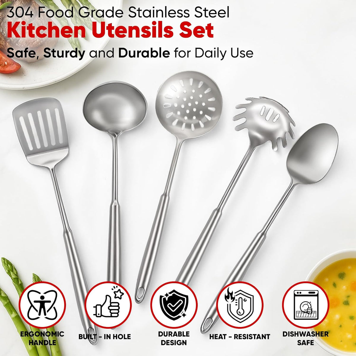 5 Pcs Newness Cooking Utensils Set, 304 Stainless Steel Kitchen Utensils Set, Metal Kitchen Accessories, Including Soup Ladle, Slotted Skimmer Spoon, Spaghetti Spoon and Spatula, Dishwasher Safe