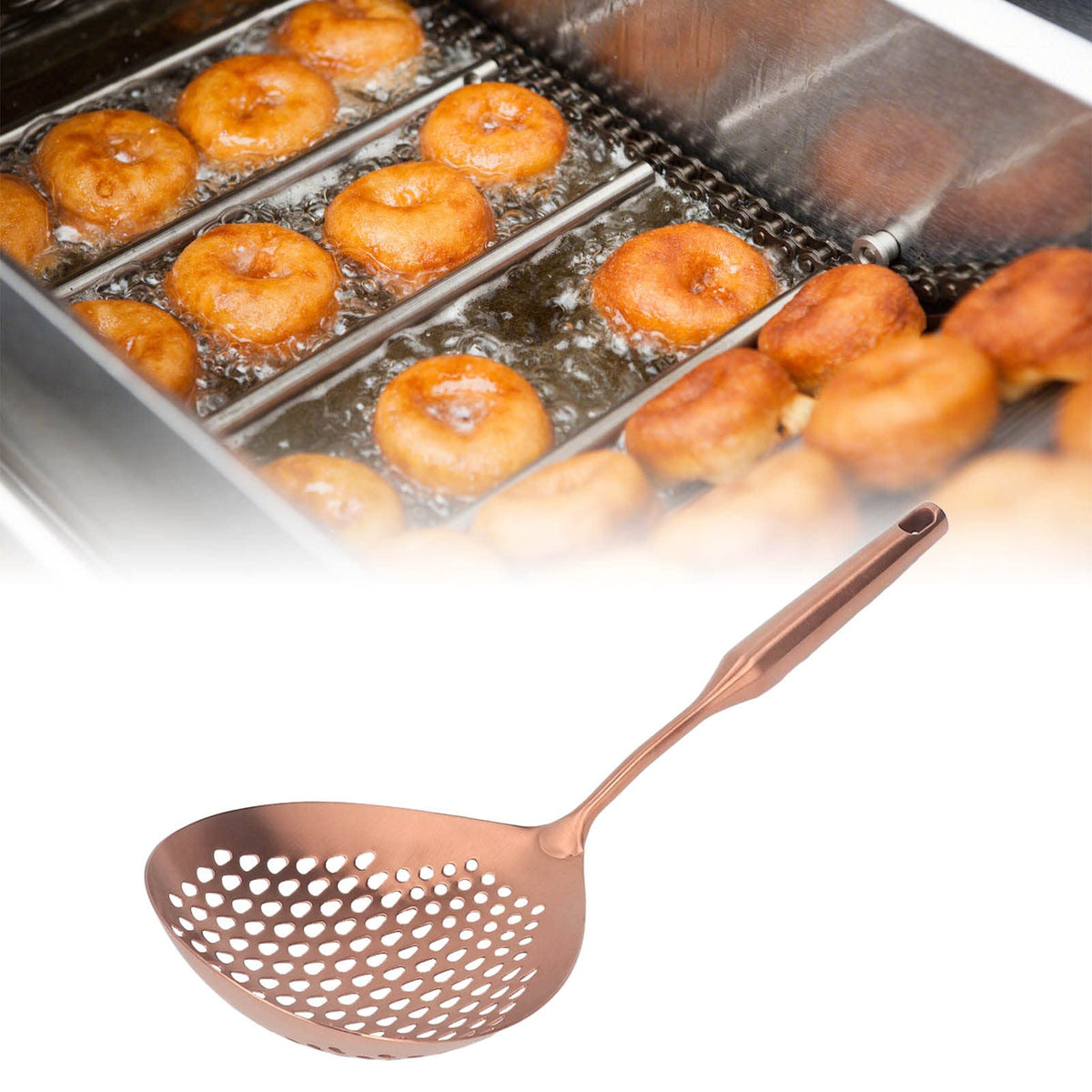 Skimmer Slotted Spoon, Stainless Steel Strainer Skimmer Ladle Long Handle Large Pasta Spoon for Kitchen Cooking and Frying (Gold)