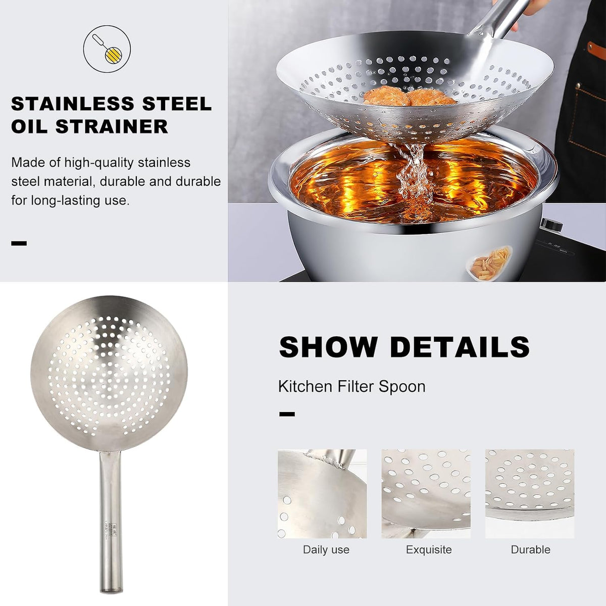 Slotted Spoon Stainless Steel, 16.9 Inch Heavy Duty Skimmer with Handle, Kitchen Strainer Ladle for Kitchen, Diameter 9.4 Inches