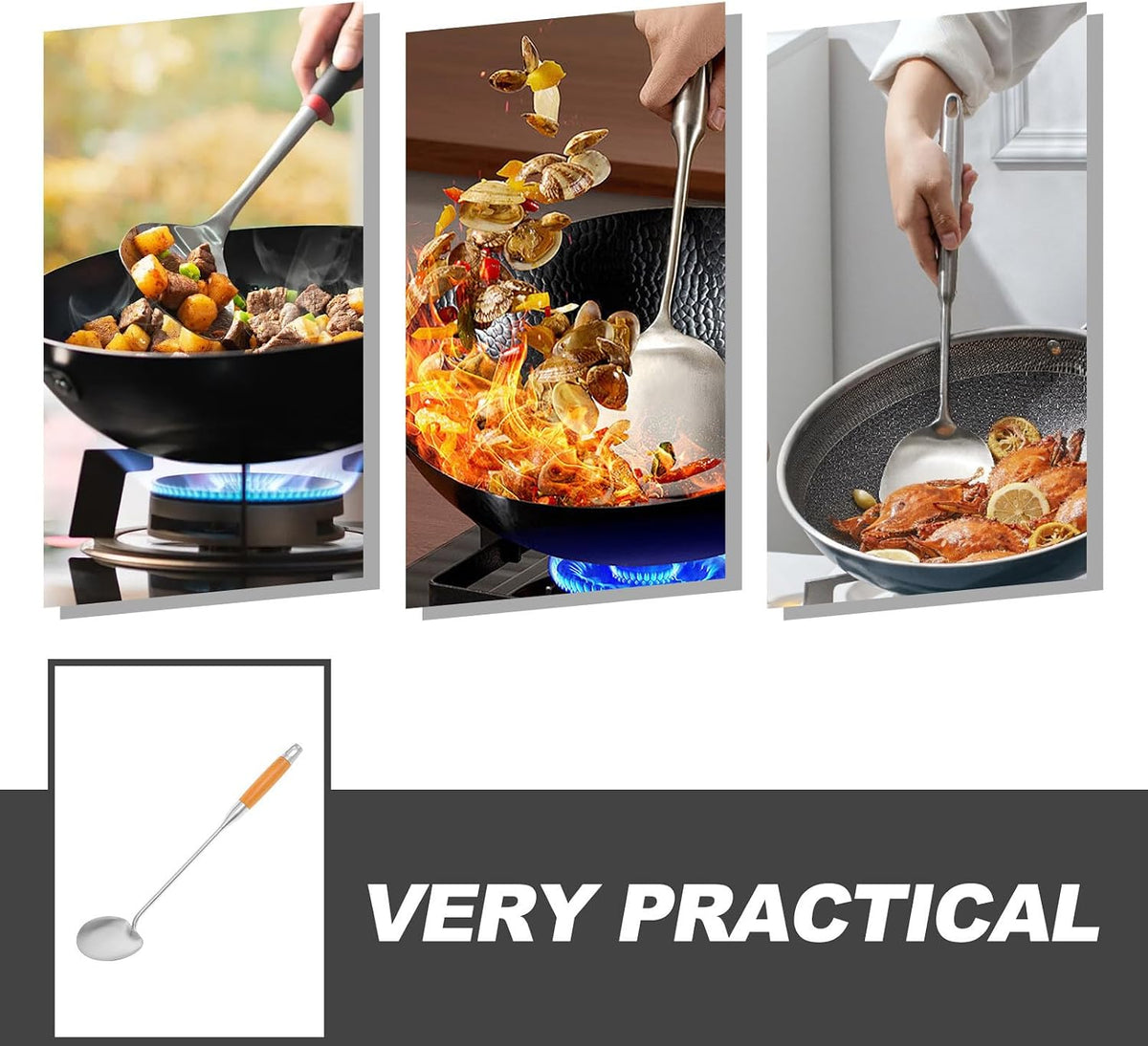 Wooden Handle Wok Spatula Stainless Steel for Stir Fry Cooking