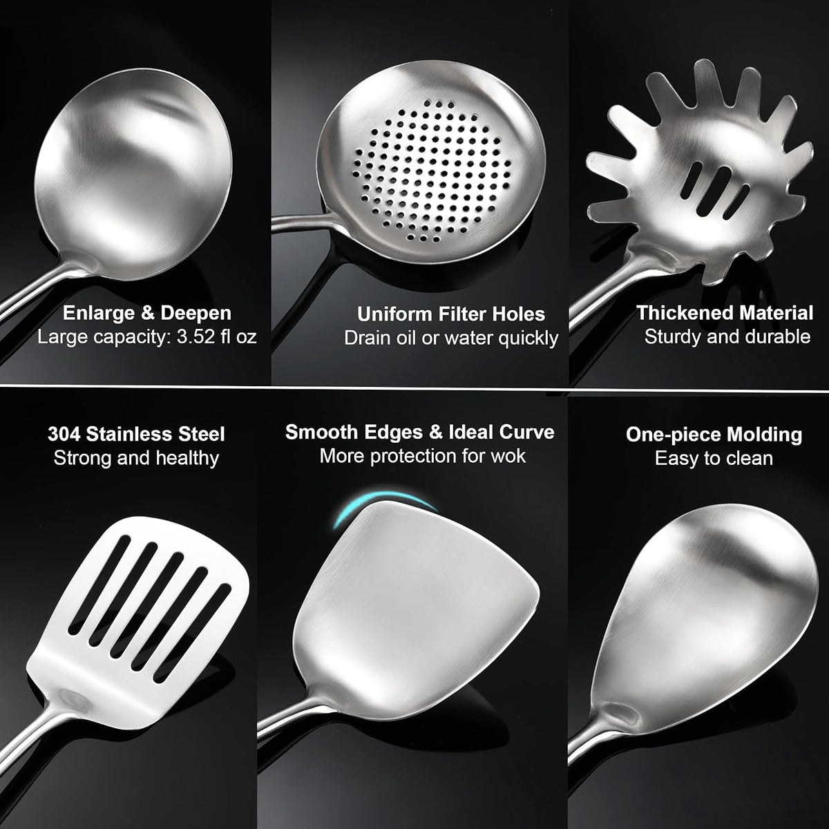 Stainless Steel Kitchen Utensils Set for Cooking Wooden Handle 9pcs