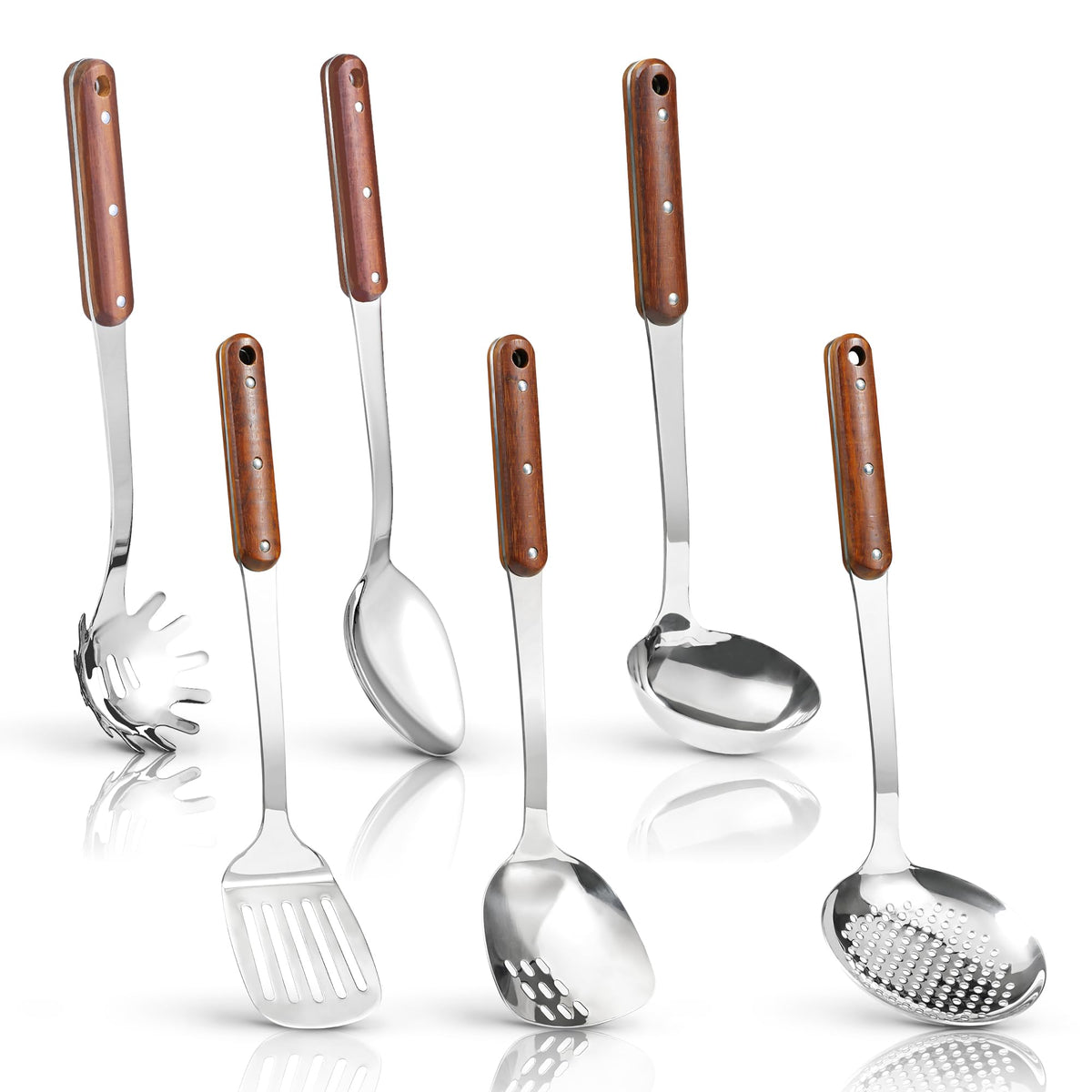 FJNATINH Stainless Steel Wok Spatula,Ladle,Skimmer Ladle Tool Set,Mirror Polished Cooking Utensils with Wooden Handle,Easy to Clean Wok Accessories,Black 3 PCS