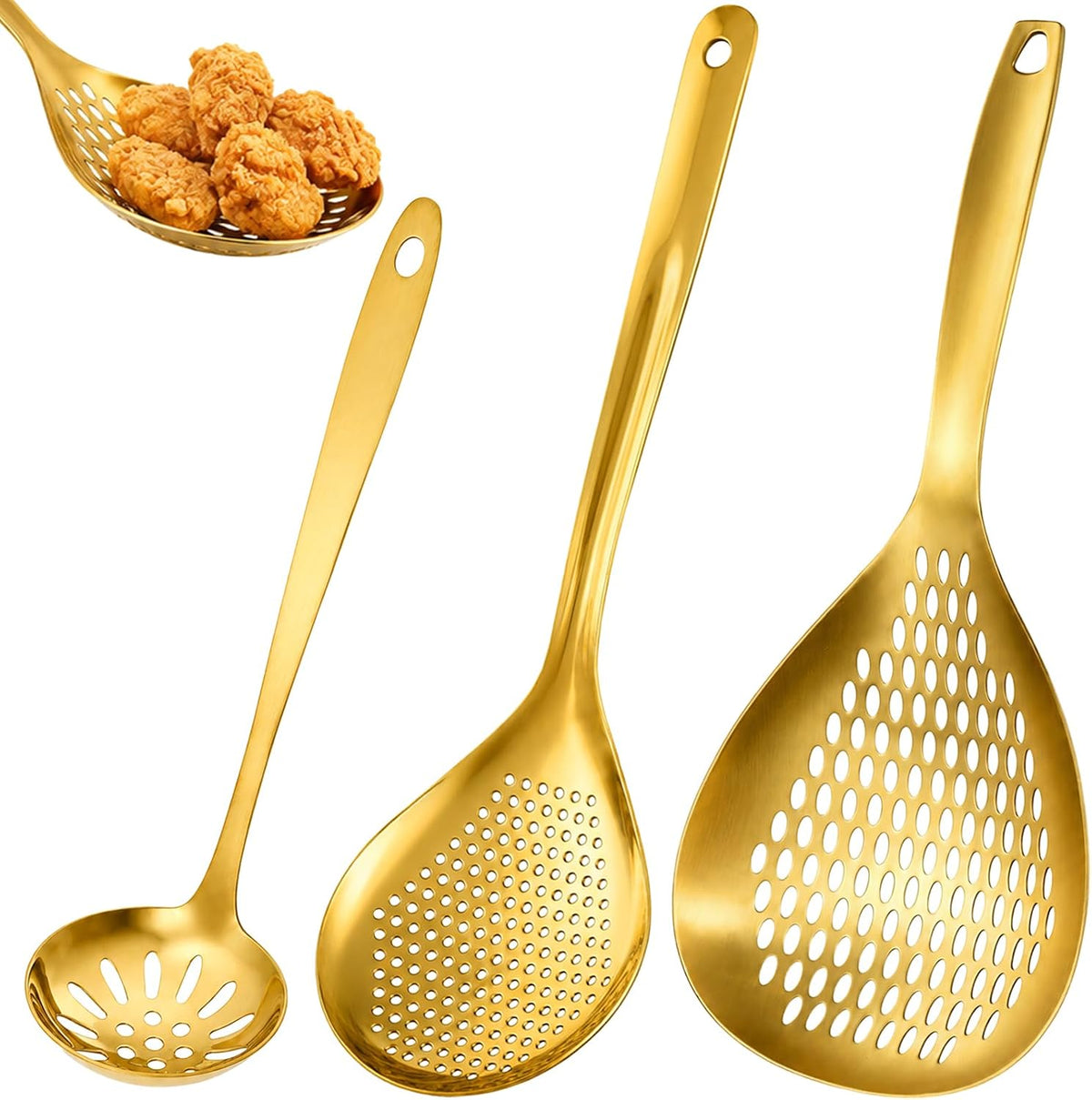 3 Pack Skimmer Slotted Spoon, Stainless Steel Kitchen Spider Strainer Ladle with Long Handle for Straining Pasta/Cooking/Frying/Noodle, Metal Kitchen Utensils Pasta Spoon (Gold)