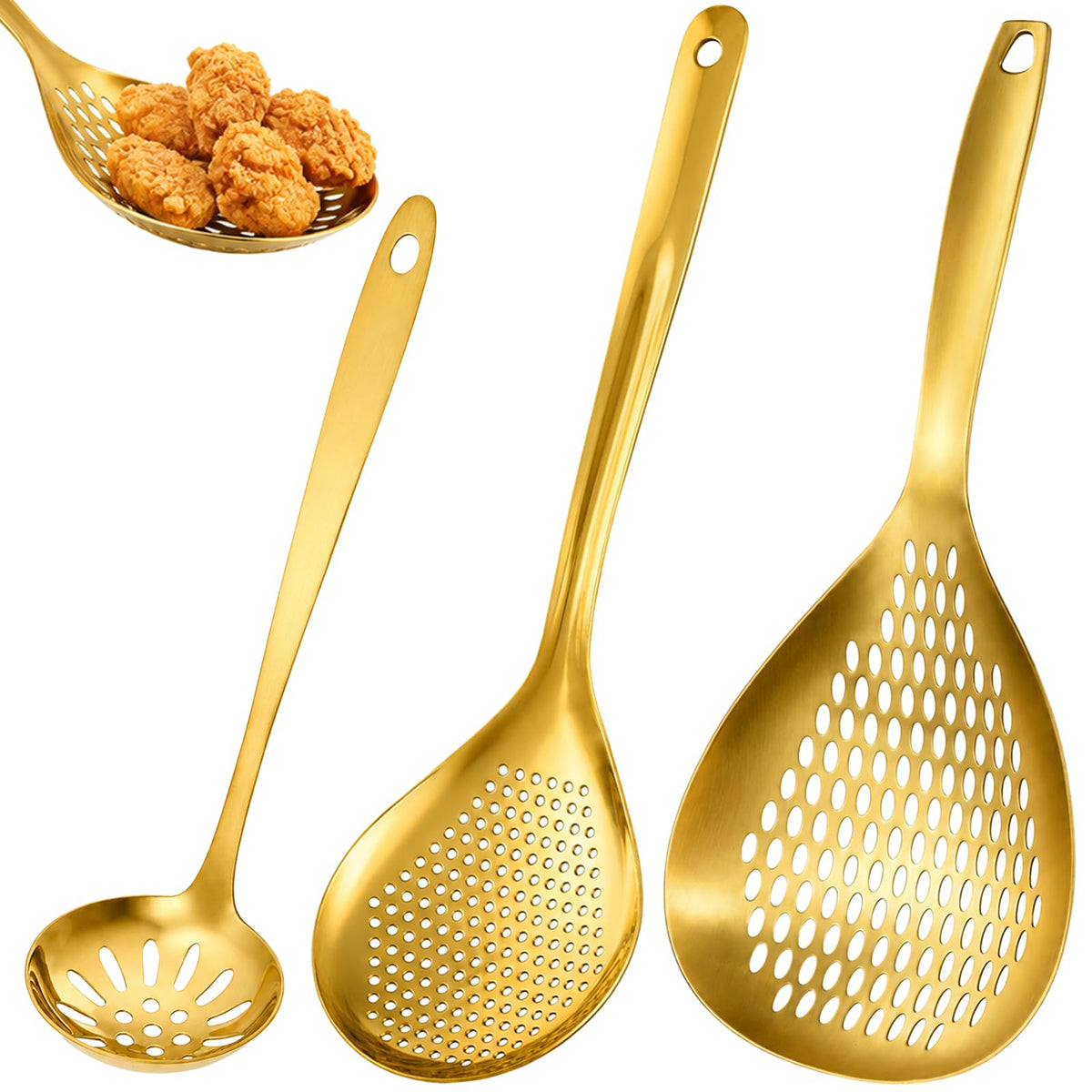 3 Pack Skimmer Slotted Spoon, Stainless Steel Kitchen Spider Strainer Ladle with Long Handle for Straining Pasta/Cooking/Frying/Noodle, Metal Kitchen Utensils Pasta Spoon (Gold)