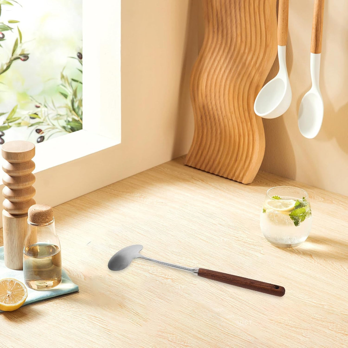 Mushroom Spatula with Wooden Handle Stainless Steel for Wok Frying