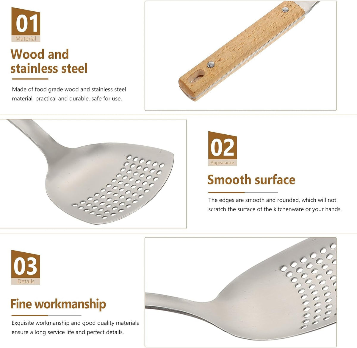 Wok Spatula for Stir Fry with Wooden Handle Stainless Steel