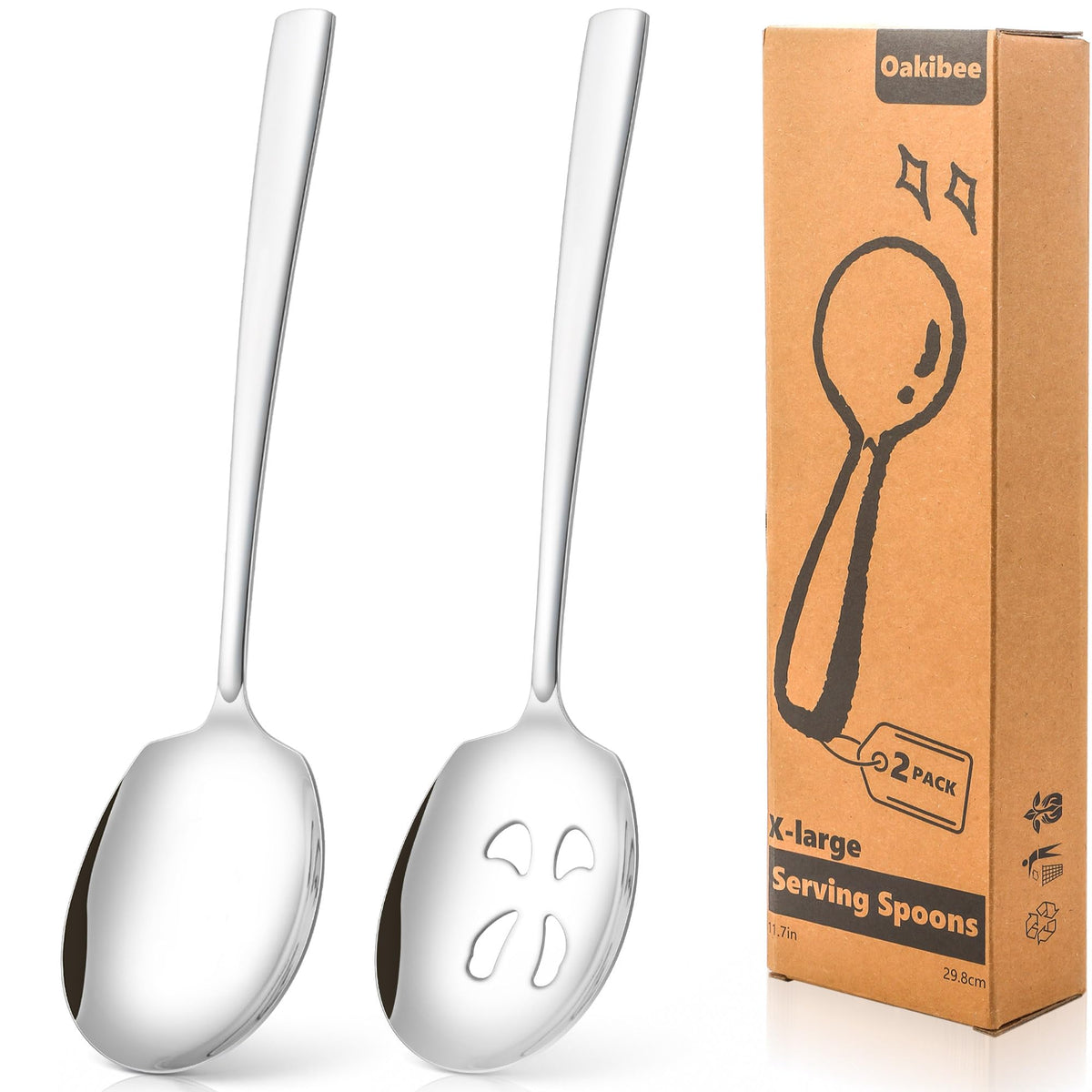 Extra Large Serving Spoons Set of 6-Piece, 11.7-Inch Serving Slotted Spoon x 3 Serving Spoon x 3, 18/8 Stainless Steel Serving Utensil for Buffet, Parties, Catering - Dishwasher Safe(6-Pack, Silver)