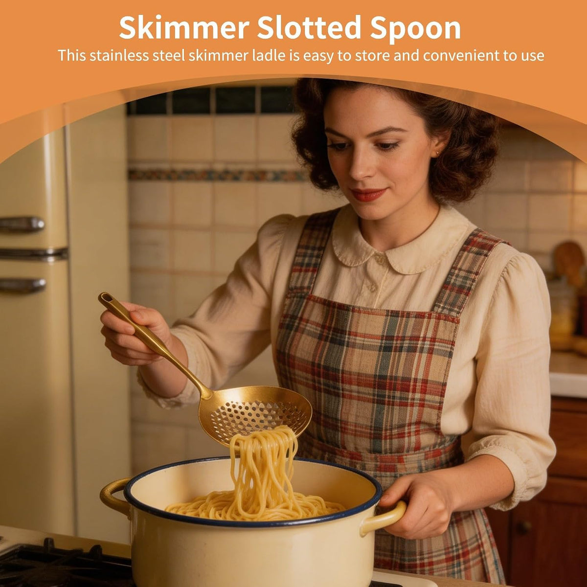 Skimmer Slotted Spoon, Stainless Steel Strainer Skimmer Ladle Long Handle Large Pasta Spoon for Kitchen Cooking and Frying (Gold)