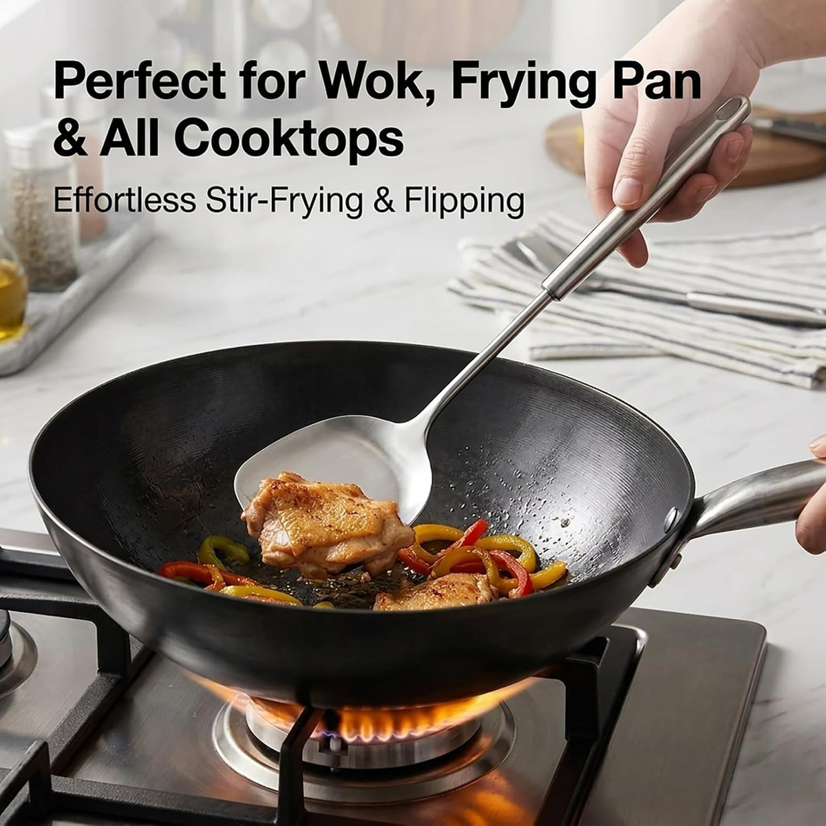16.3" Wide Metal Spatula,Premium 316 Stainless Steel Wok Spatula with Hollow Long Handle Stir Wok Utensils,Metal Turner One-Piece Seamless Design,Rustproof Fry Spatula,Brushed Matte Finish