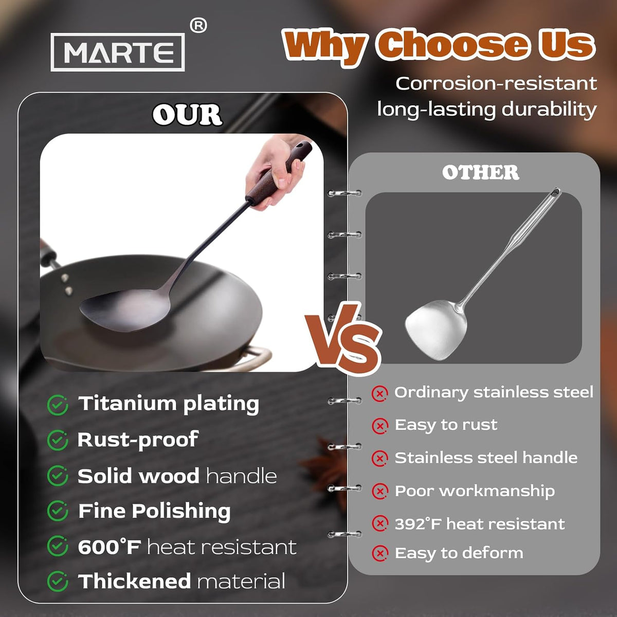 MARTE 15" Wok Spatula Turner and Ladle,Skimmer Spoon Tool Set - 18/10 Stainless Steel Vintage Cooking Utensils Set - Set of 4 High Grade Titanium Plating Kitchen Wok Utensils with Solid Wooden Handle