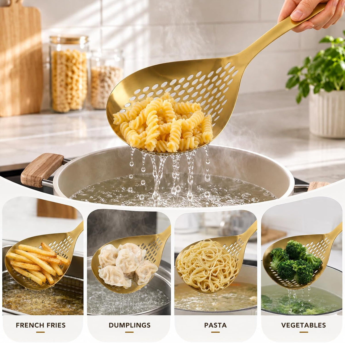 3 Pack Skimmer Slotted Spoon, Stainless Steel Kitchen Spider Strainer Ladle with Long Handle for Straining Pasta/Cooking/Frying/Noodle, Metal Kitchen Utensils Pasta Spoon (Gold)