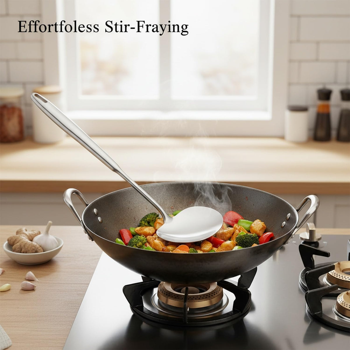 316 Stainless Steel Mushroom Head Spatula for Woks & Curved Pans, Ergonomic Stir Fry Spoon for Cleaning and Flipping