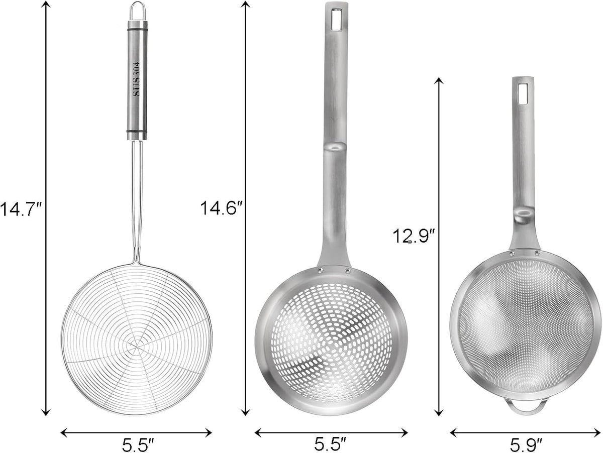 3 Pieces Spider Strainer Skimmer Ladle, Stainless Steel Fine Mesh Fat Skimmer Spoon, Large Hole Slotted Colander, Kitchen Wire Strainer for Straining Pasta/Skimming Grease/Cooking/Frying
