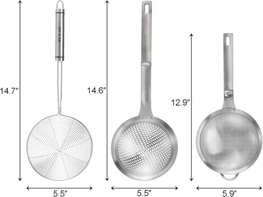 3 Pieces Spider Strainer Skimmer Ladle, Stainless Steel Fine Mesh Fat Skimmer Spoon, Large Hole Slotted Colander, Kitchen Wire Strainer for Straining Pasta/Skimming Grease/Cooking/Frying