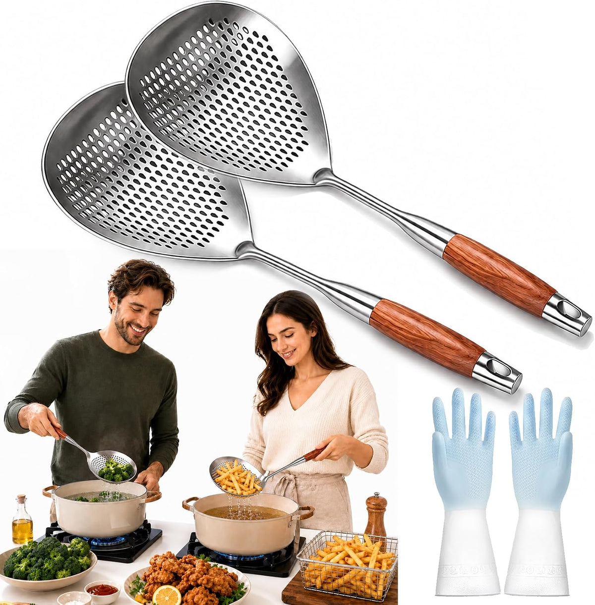 Wooden Handle Stainless Steel Skimmer, Skimmer Slotted Spoon, Skimmer Ladle Spoon with Heat-Resistant Long Handle, Extra Thick Spider Strainer for Deep Frying, Boiling & Fast Oil Draining (2)