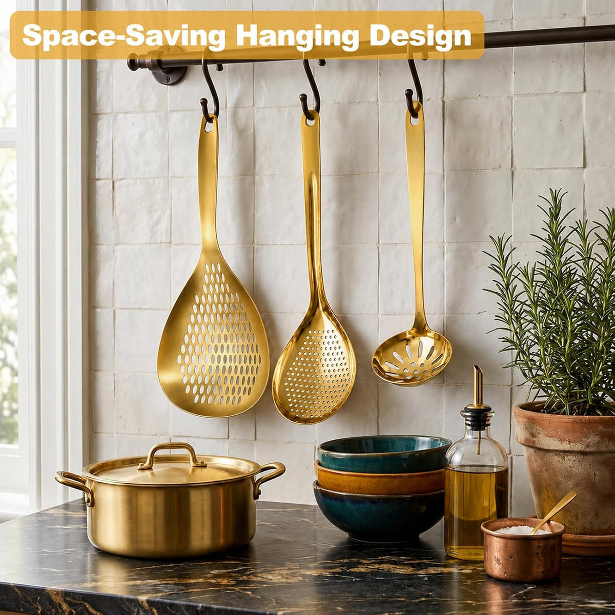 3 Pack Skimmer Slotted Spoon, Stainless Steel Kitchen Spider Strainer Ladle with Long Handle for Straining Pasta/Cooking/Frying/Noodle, Metal Kitchen Utensils Pasta Spoon (Gold)