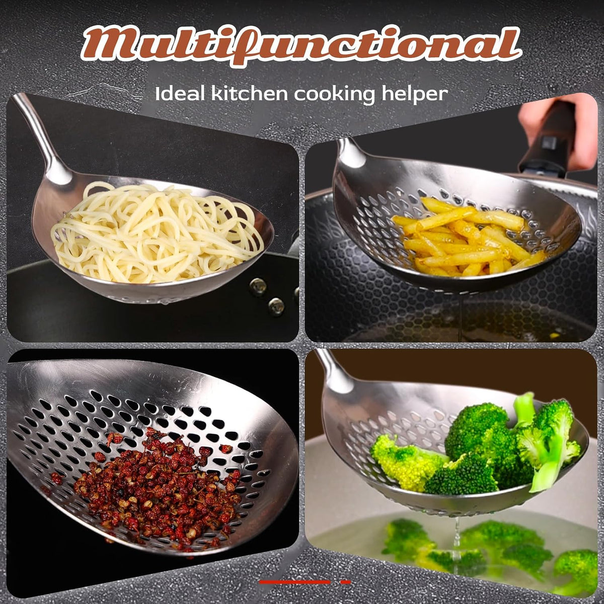 Skimmer Slotted Spoon -16.5" 304 Stainless Steel Pasta Spider Strainer Skimmer Ladle Spoon for Cooking and Frying - Kitchen Metal Scoop Colander Strainer Spoon with Heat Resistant Handle
