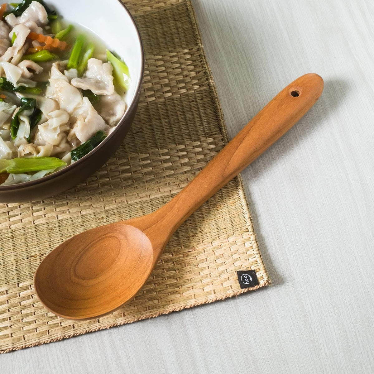 FAAY 12" Big Scoop Spoon, Wide Head, Easy for Cooking and Serving. Handcraft from High Moist Resistance Golden Teak Wood | Durable, Healthy, Ergonomic Handle for Non Stick Cookware