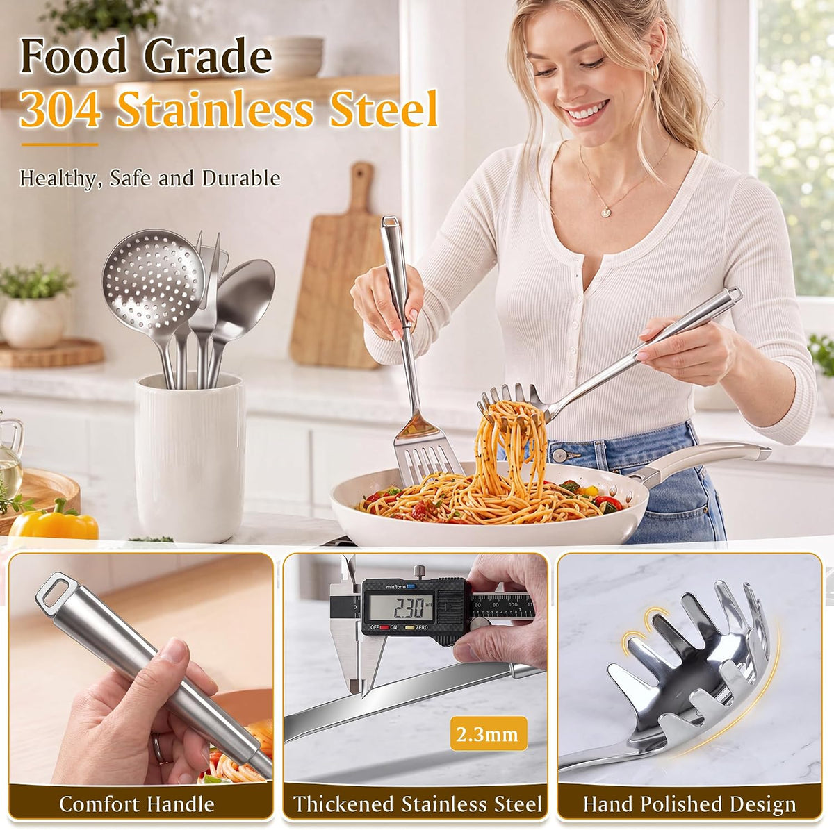 304 Stainless Steel Slotted Spoons for Cooking, Skimmer Ladle, Heavy Duty Sturdy Large Strainer Spoon with Hanging Hole, Heat Resistant Metal Kitchen Utensil, Ergonomic Handle, Dishwasher Safe
