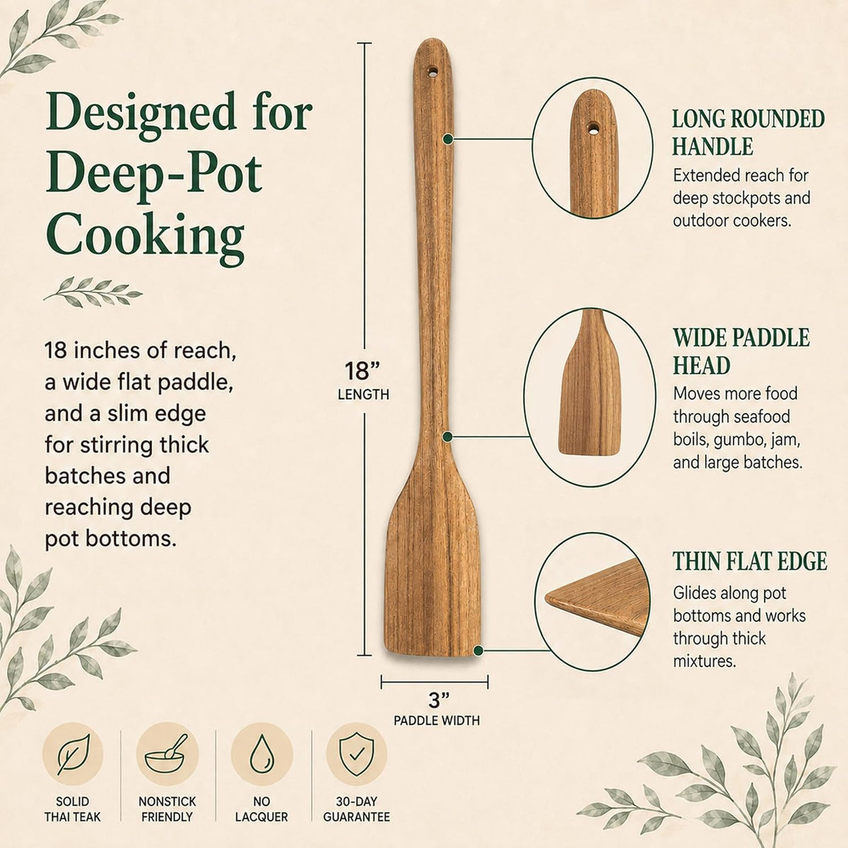 FAAY 18" Teak Wooden Spatula, Stir Paddle for Seafood Boils & Stockpots | 18-inch teak stir paddle for seafood boils, crawfish, gumbo, roux, jam and stock pots; no lacquer, coconut oil finish.