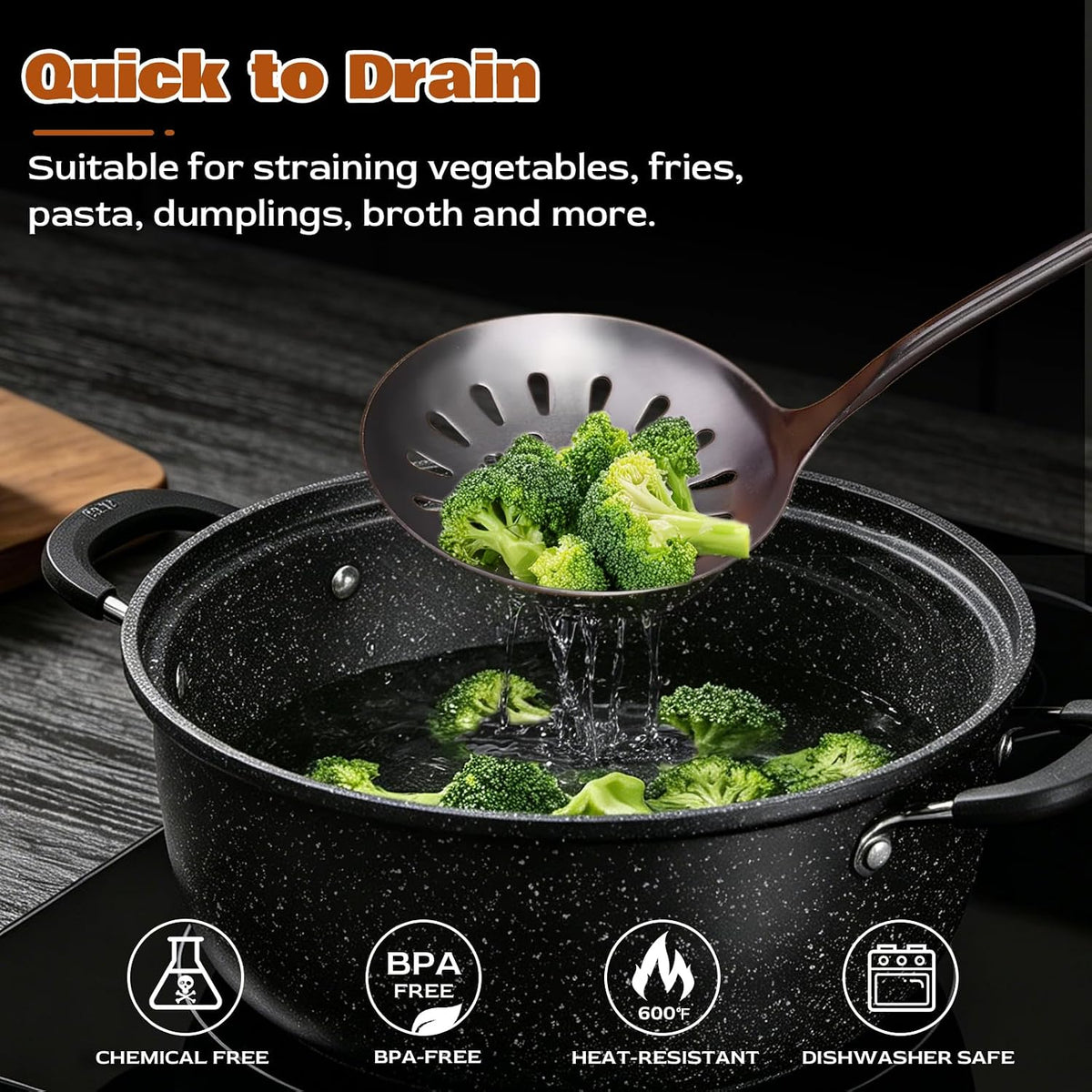 MARTE 15" Wok Spatula Turner and Ladle,Skimmer Spoon Tool Set - 18/10 Stainless Steel Vintage Cooking Utensils Set - Set of 4 High Grade Titanium Plating Kitchen Wok Utensils with Solid Wooden Handle