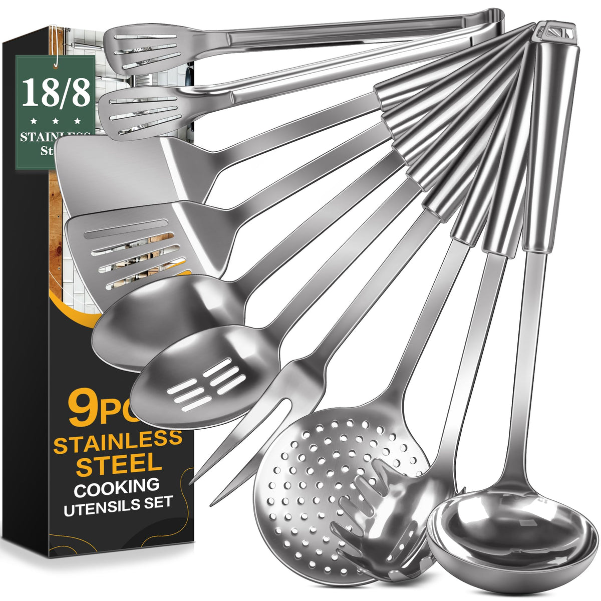 304 Stainless Steel Slotted Spoons for Cooking, Skimmer Ladle, Heavy Duty Sturdy Large Strainer Spoon with Hanging Hole, Heat Resistant Metal Kitchen Utensil, Ergonomic Handle, Dishwasher Safe