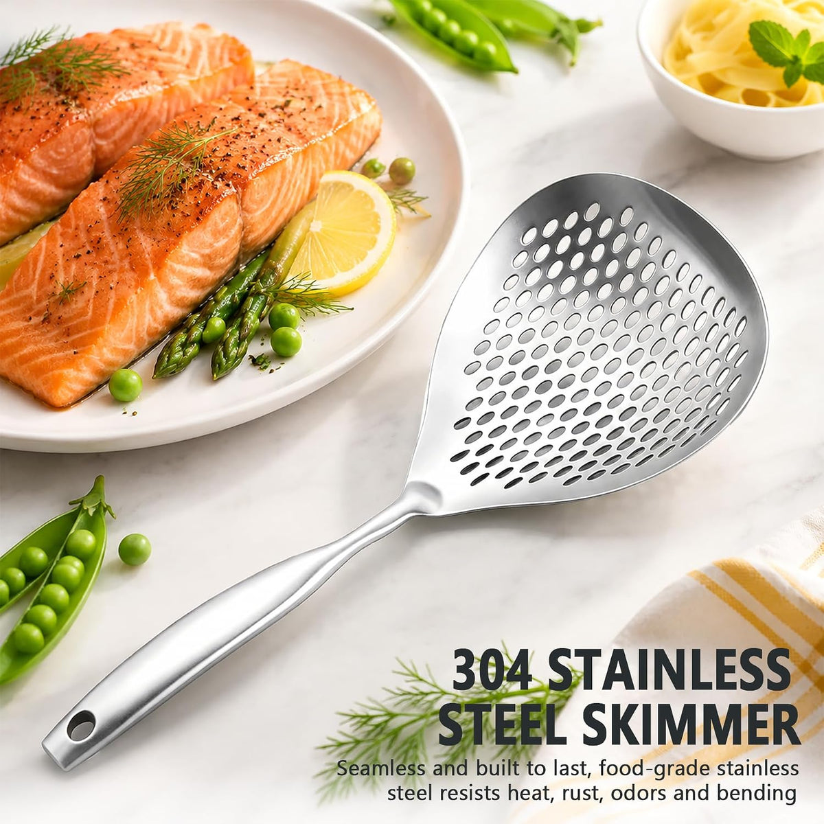 KAYCROWN Skimmer Slotted Spoon, 304 Stainless Steel Skimmer Ladle Spoon Spider Strainer for Cooking and Frying, Pasta Strainer Spoon Frying Kitchen Cooking Colander