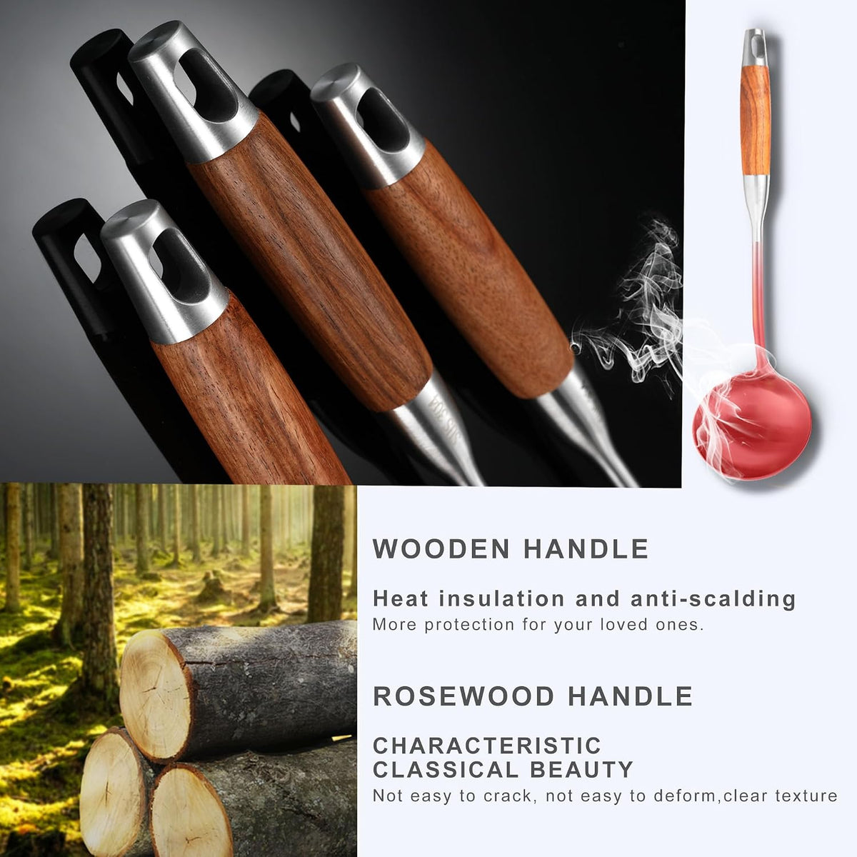 Stainless Steel Kitchen Utensils Set for Cooking Wooden Handle 9pcs
