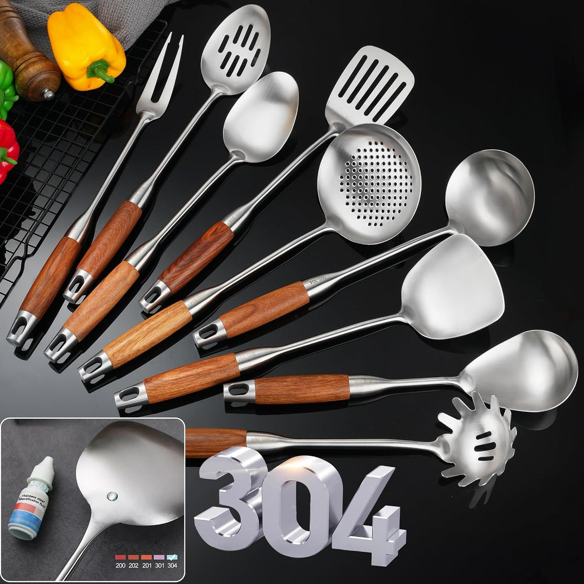 Stainless Steel Kitchen Utensils Set for Cooking Wooden Handle 9pcs