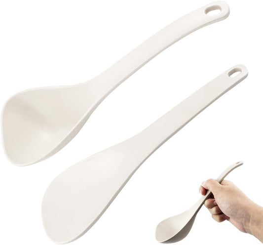 DOERDO 2pcs Rice Paddle Spoon Soup Spoon Heat Resistant Rice Scooper Kitchen Utensil for Mixing, Serving, Cooking, White