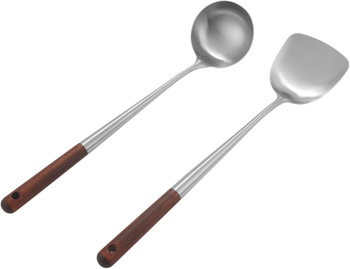 Misaso Wok Spatula and Ladle Tool Set, 17 Inches Spatula for Wok, Stainless Steel Wok Spatula