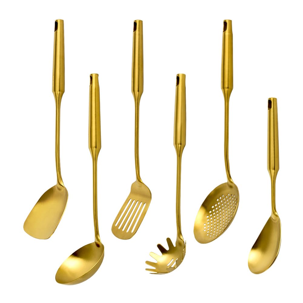 VALESKA 304 Stainless Steel Kitchen Utensils Set with Wood Handle, 6 PCS Metal Cooking Utensils Set, metal spoon,kitchen essentials, Non-Stick and Heat Resistant, Easy to Clean