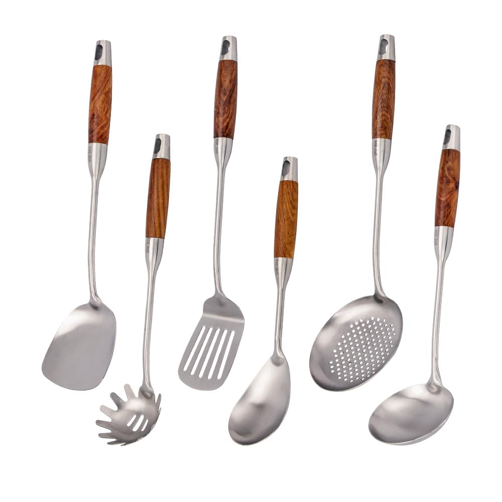 VALESKA 304 Stainless Steel Kitchen Utensils Set with Wood Handle, 6 PCS Metal Cooking Utensils Set, metal spoon,kitchen essentials, Non-Stick and Heat Resistant, Easy to Clean