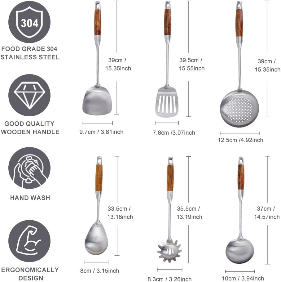 VALESKA 304 Stainless Steel Kitchen Utensils Set with Wood Handle, 6 PCS Metal Cooking Utensils Set, metal spoon,kitchen essentials, Non-Stick and Heat Resistant, Easy to Clean