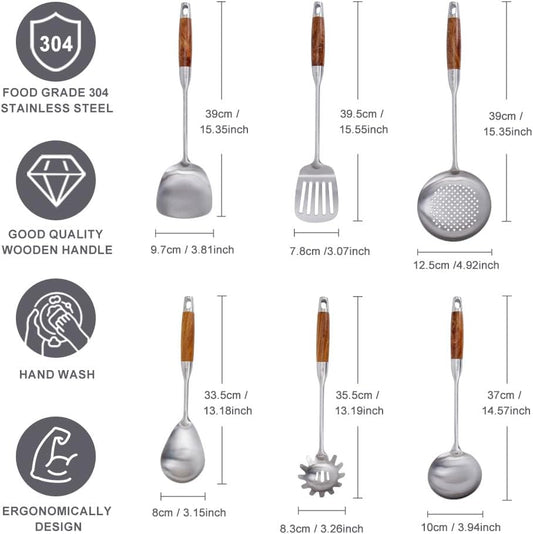 VALESKA 304 Stainless Steel Kitchen Utensils Set with Wood Handle, 6 PCS Metal Cooking Utensils Set, metal spoon,kitchen essentials, Non-Stick and Heat Resistant, Easy to Clean