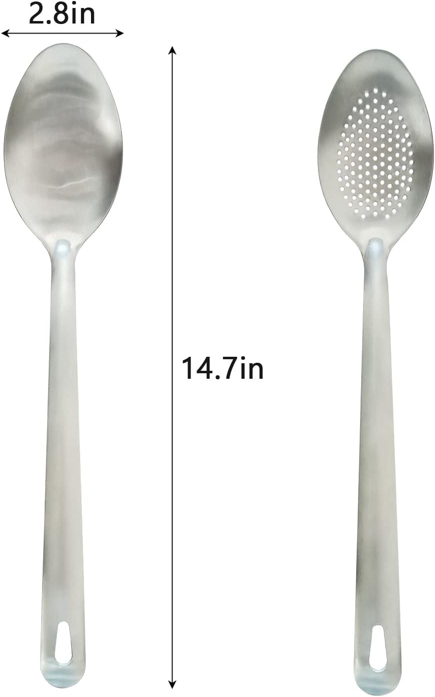 Cooking Spoon Set, 2Pcs 14.7" Stainless Steel Large Serving Spoons, Solid & Slotted Spoons for Restaurant, Metal Kitchen Utensils