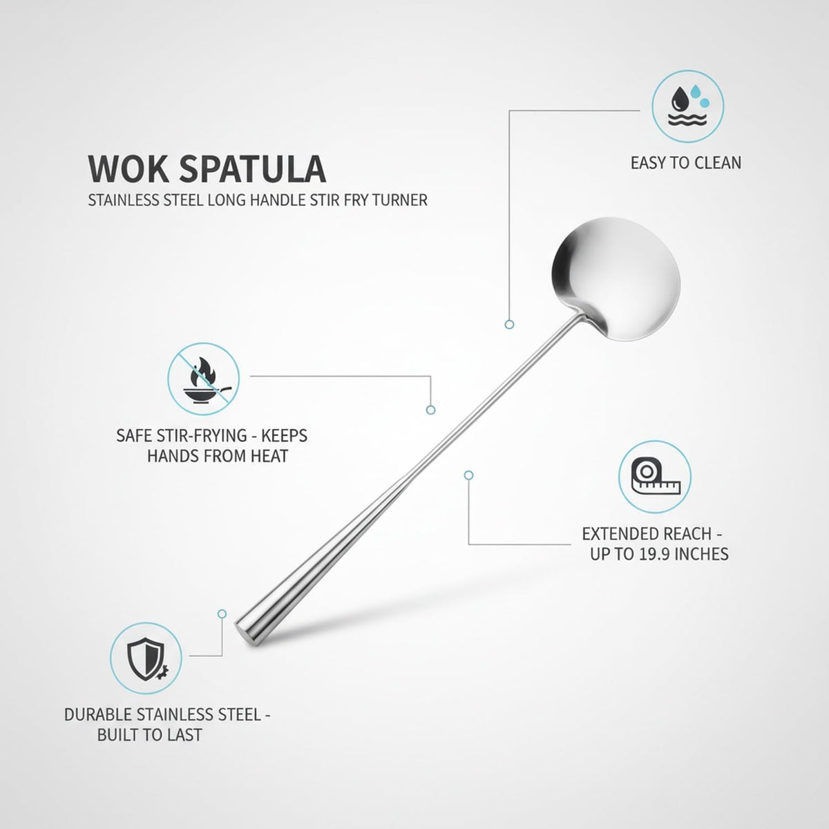 Stainless Steel Wok Spatula with Long Handle, Stir Fry Turner for Deep Woks, Silver