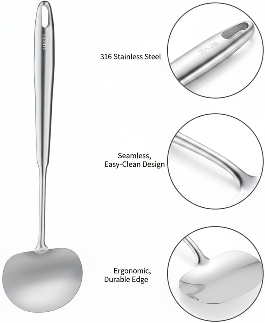 316 Stainless Steel Mushroom Head Spatula for Woks & Curved Pans, Ergonomic Stir Fry Spoon for Cleaning and Flipping