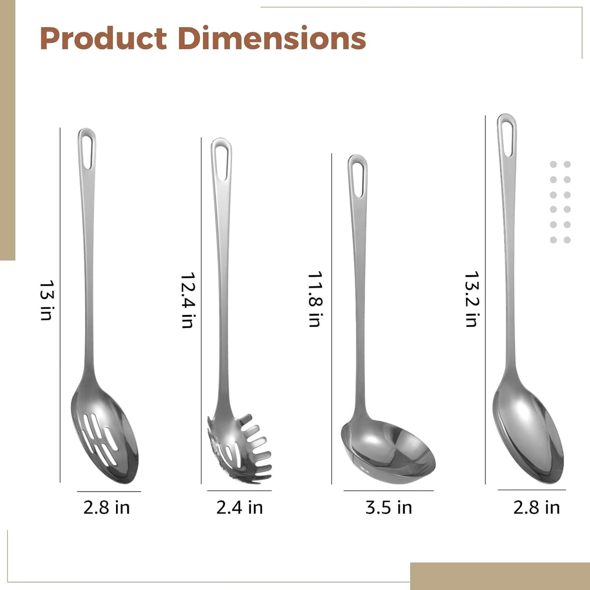 4 Pcs Stainless Steel Cooking Utensils Set, Includes Ladle, Slotted Serving Spoon, Solid Serving Spoon, Pasta Server, 430 Stainless Steel Metal Kitchen Utensils for Cooking