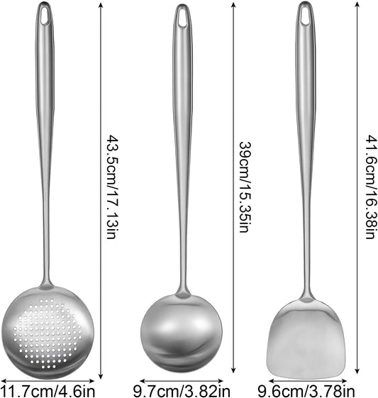 17” Wok Spatula and Ladle, Skimmer Spoon,Stainless Steel Wok Tools Professional Set,3pcs Extra Long Handle Cooking Tools, Metal Wok Cooking Utensils Set and Dishwasher Safe Wok Accessories